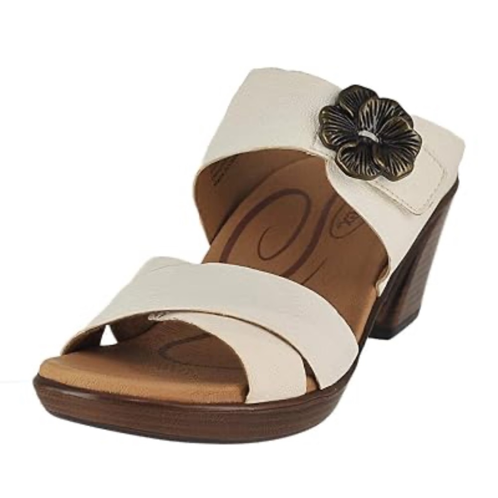 Aetrex Cream‎ Slide Mules with Black Flower Accent
